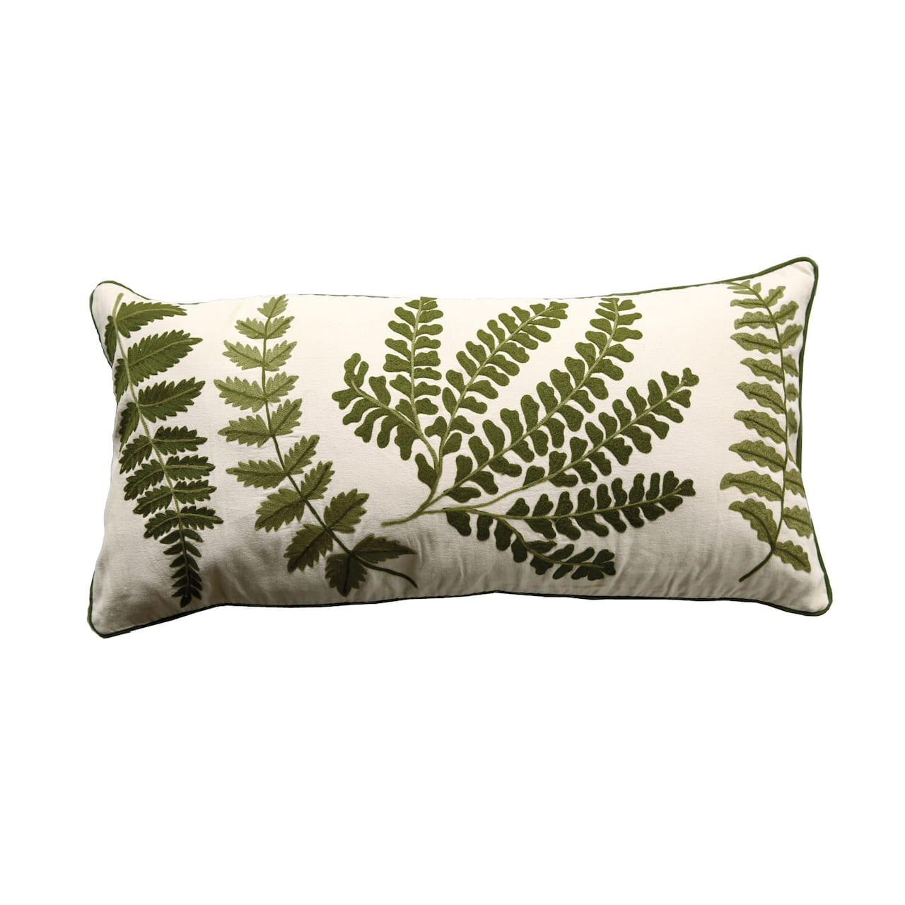 Hello Honey® Embroidered Green Ferns on White Cotton Lumbar Pillow